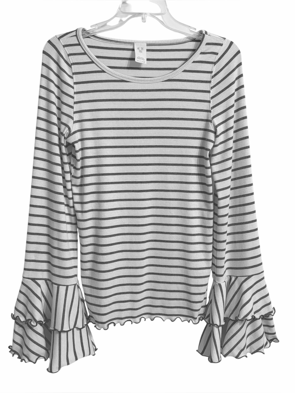 Free People We The Free Good Find Ruffle Flare Bell Sleeve Top L Gray Stripe